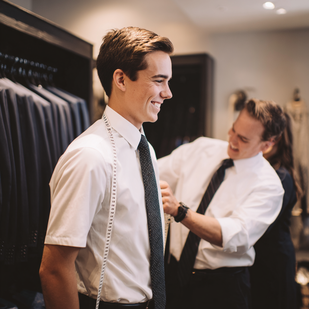 LDS missionary getting fitted for a custom suit at Kater Shop in Logan, Utah.