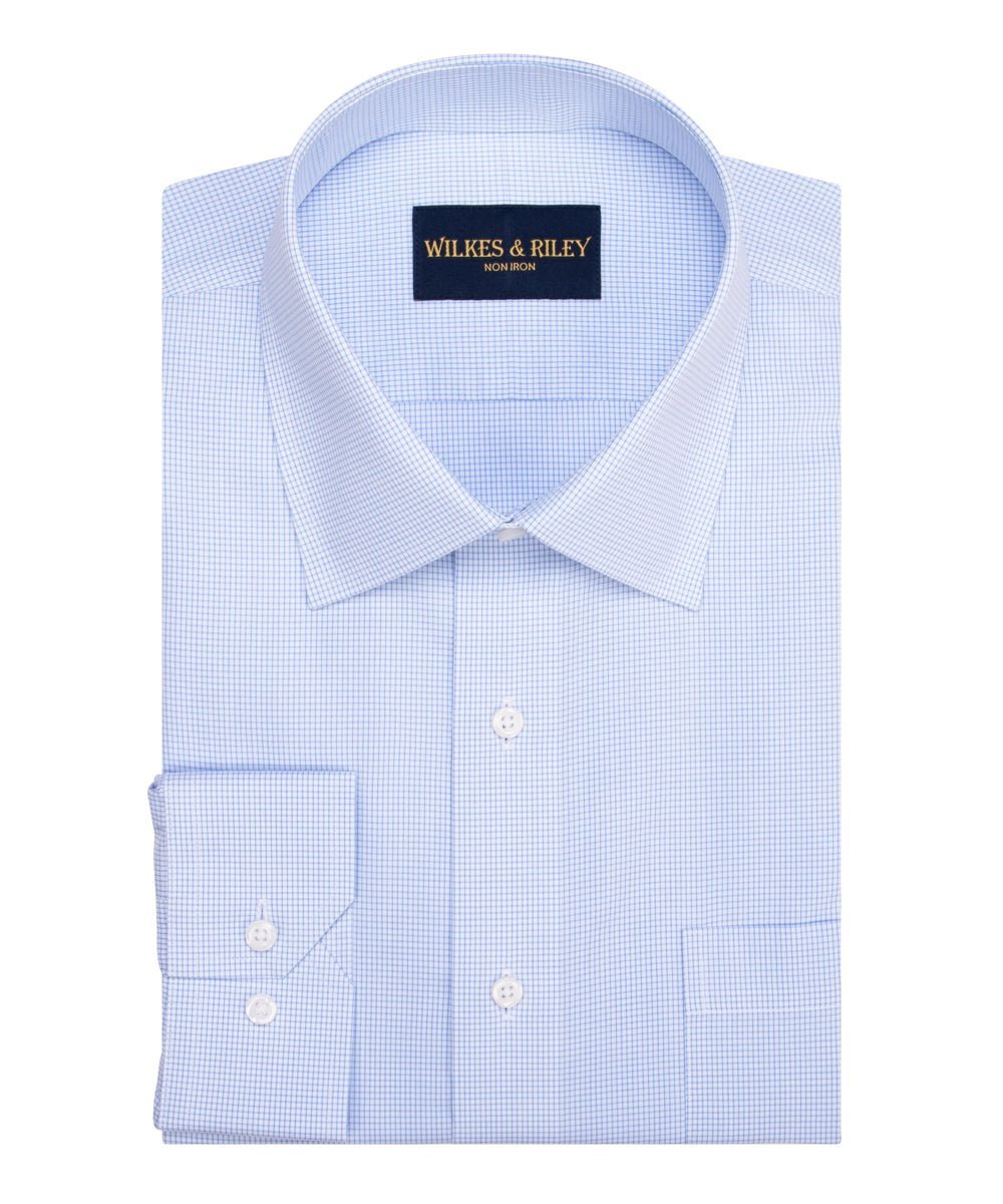 Sky Mini - check Spread Collar Non - Iron Broadcloth Dress Shirt - Wilkes & Riley, LLC