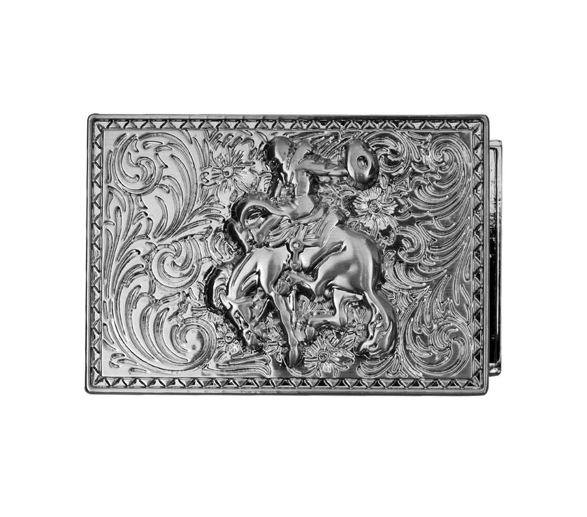 Mission Belt Buckle with a cowboy riding a horse